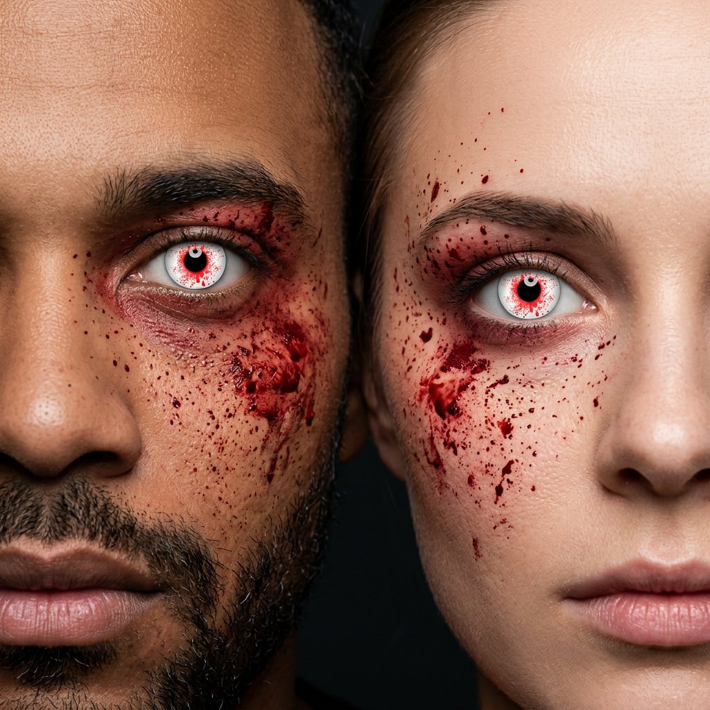 Man and woman wearing Bloody contact lenses with blood-spattered Halloween makeup