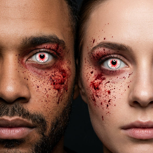 Man and woman wearing Bloody contact lenses with blood-spattered Halloween makeup