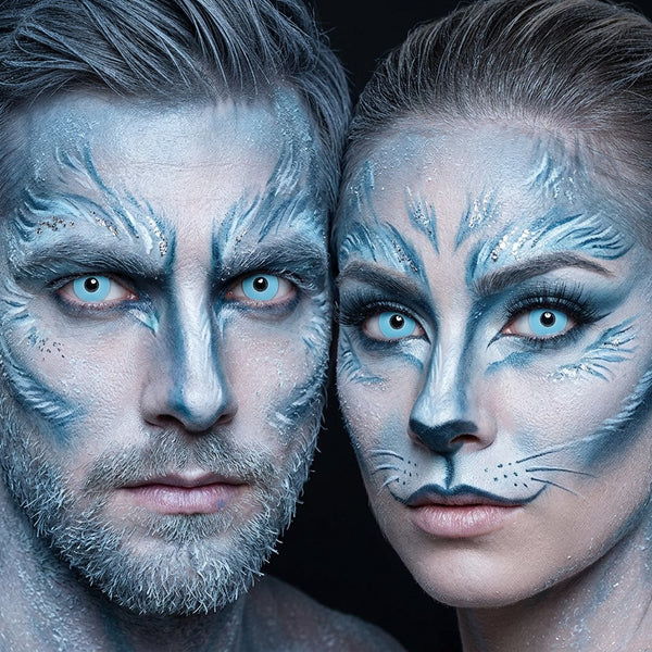 Man and woman wearing Werewolf contact lenses with icy pale-blue wolf Halloween makeup