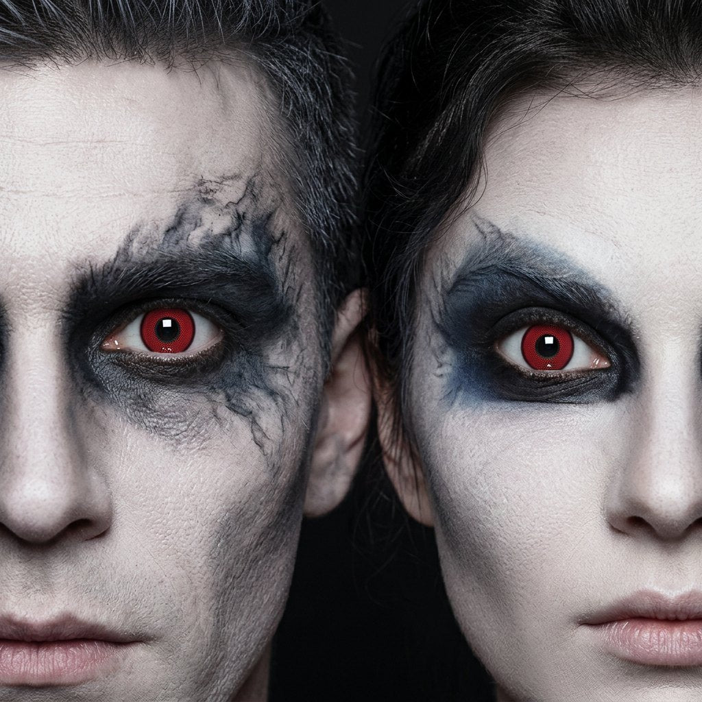Man and woman wearing Freak contact lenses with heavy charcoal-black smoky Halloween makeup