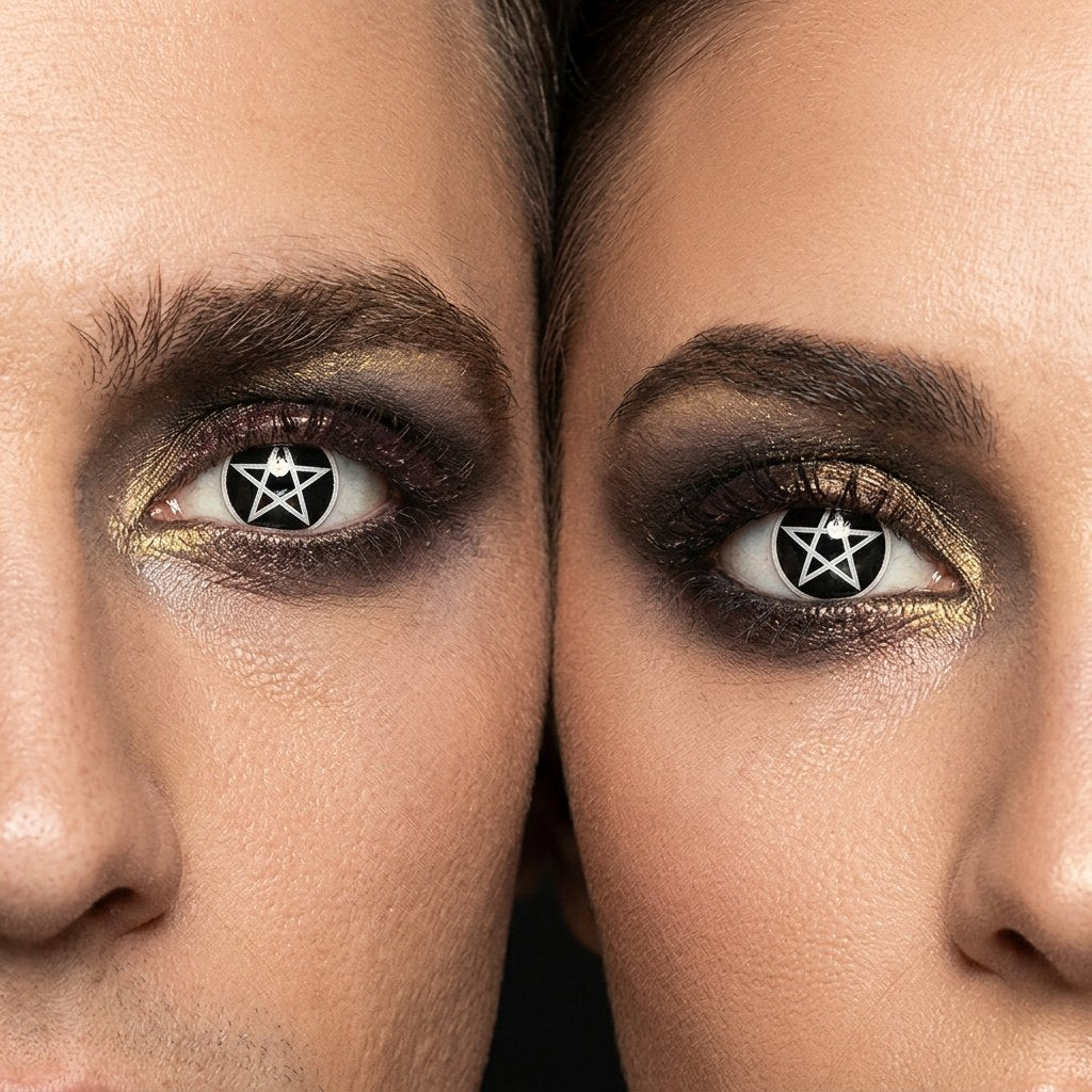 Man and woman wearing Pentagram contact lenses with bronze-gold occult smoky Halloween makeup