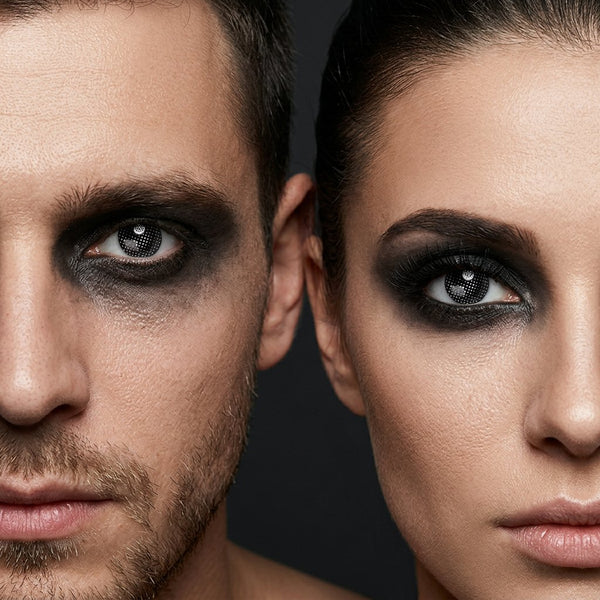 Man and woman wearing Darkness contact lenses with black shadow Halloween makeup