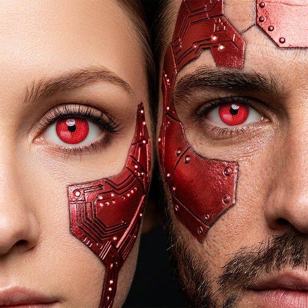 Man and woman wearing Cyborg contact lenses with metallic red cyborg Halloween makeup