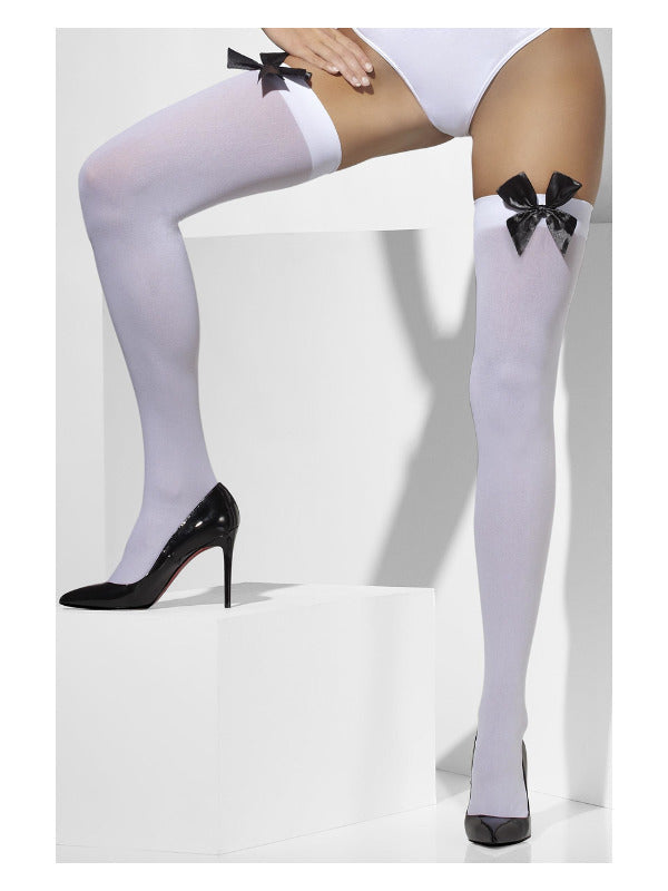 White Opaque Hold Ups with Black Bows - image 2