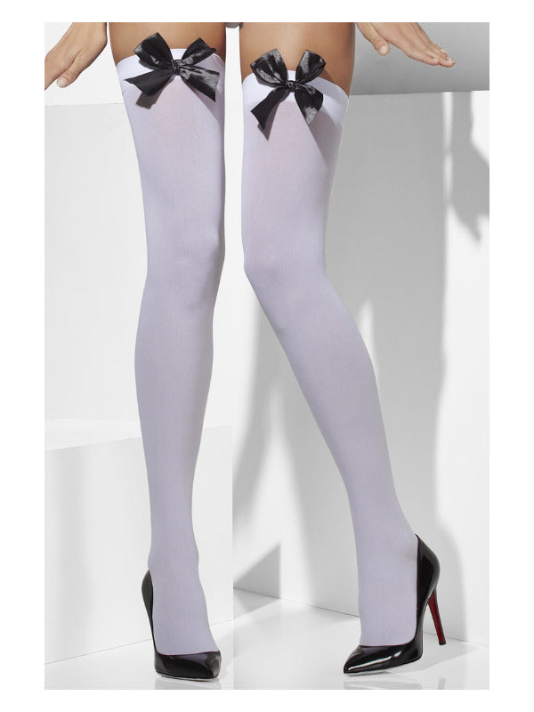 White Opaque Hold Ups with Black Bows - image 1