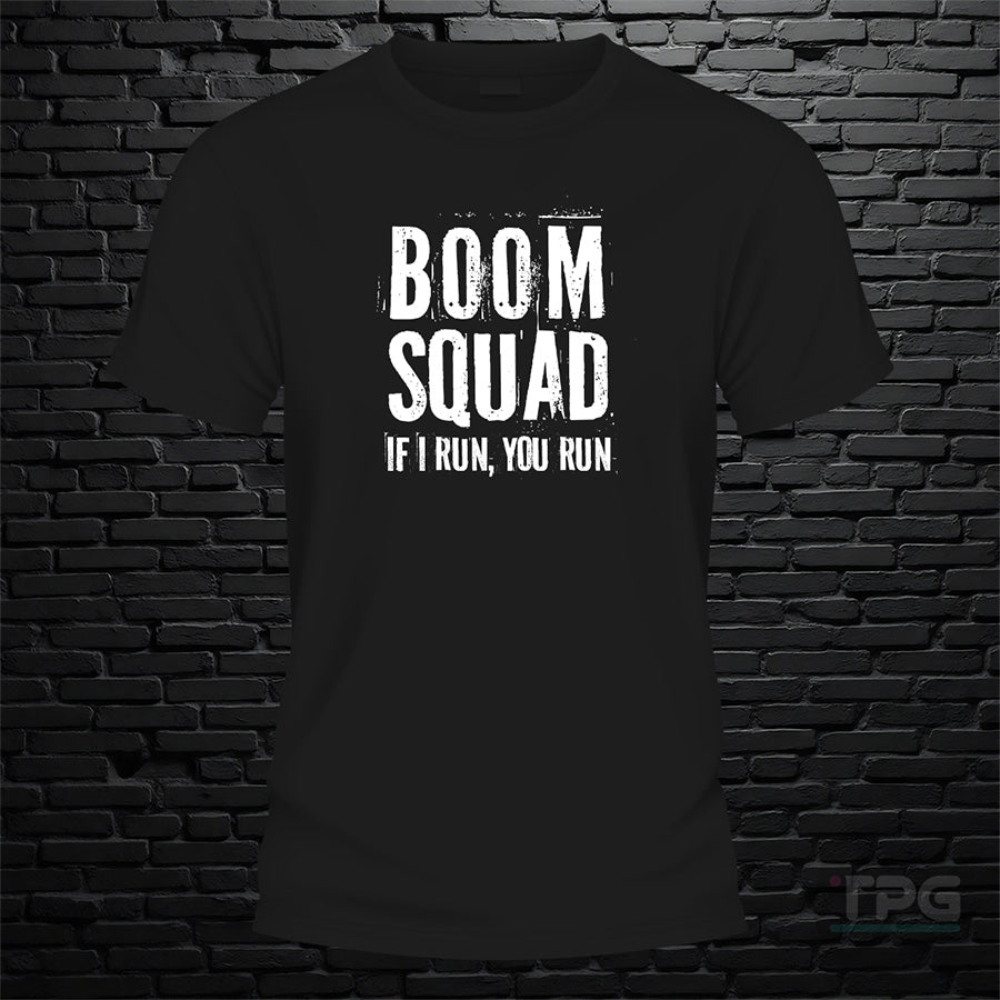 Boom Squad graphic T-shirt mockup on black brick wall