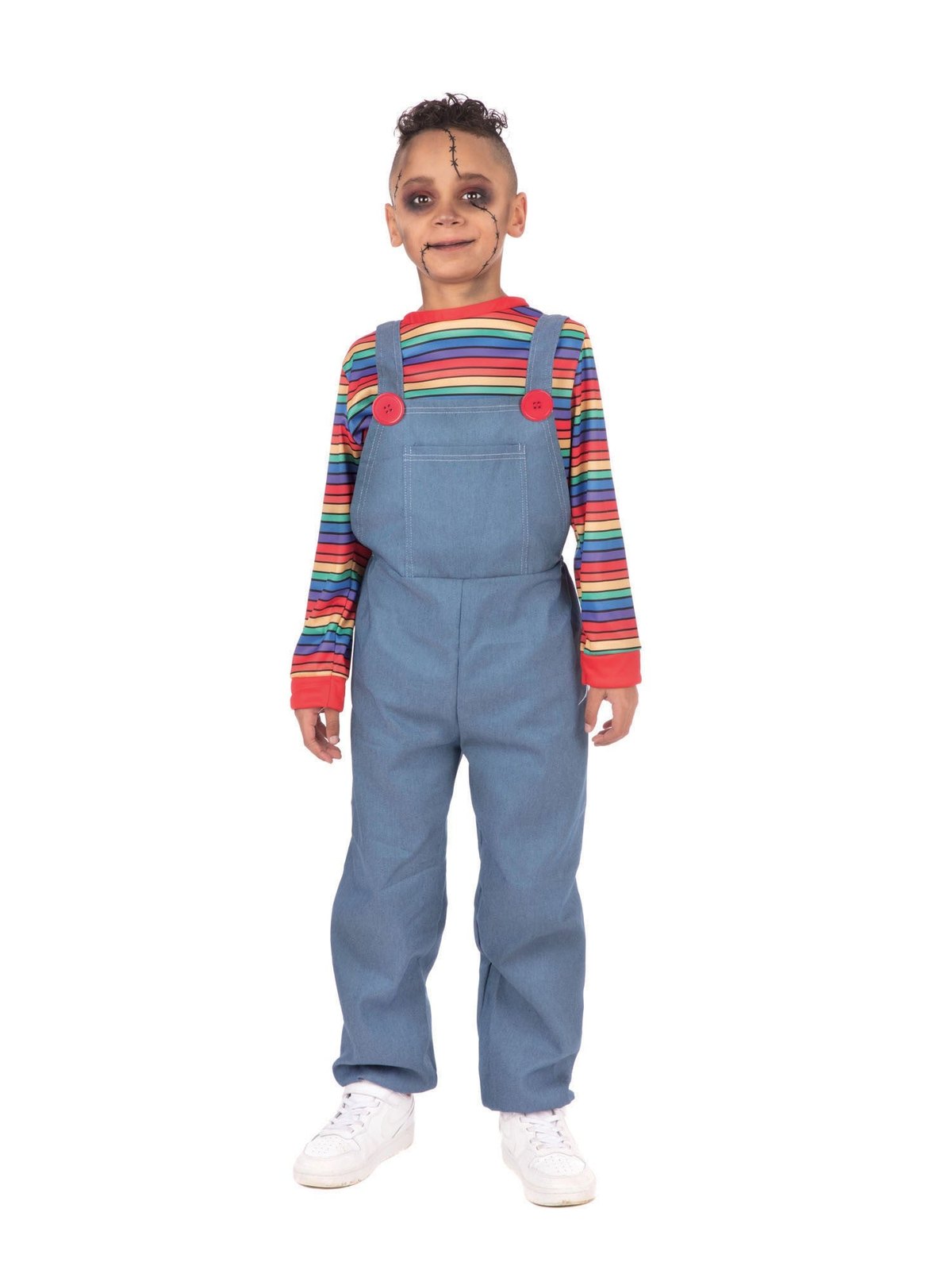 Denim Demon child costume — striped rainbow top with denim dungarees, creepy doll make-up