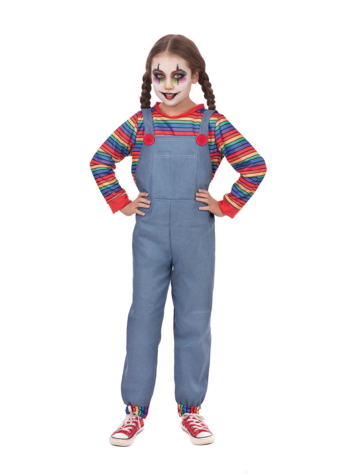 Denim Demon child costume worn with plaits and doll make-up