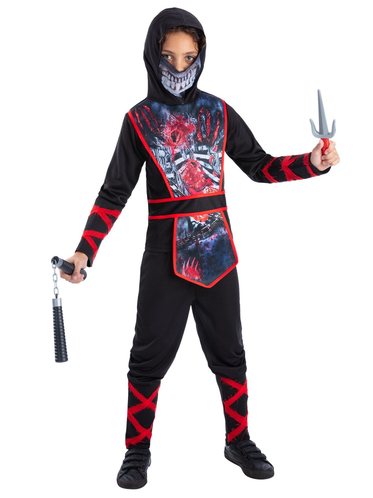Zombie Ninja child costume — black hooded ninja suit with zombie print chest panel