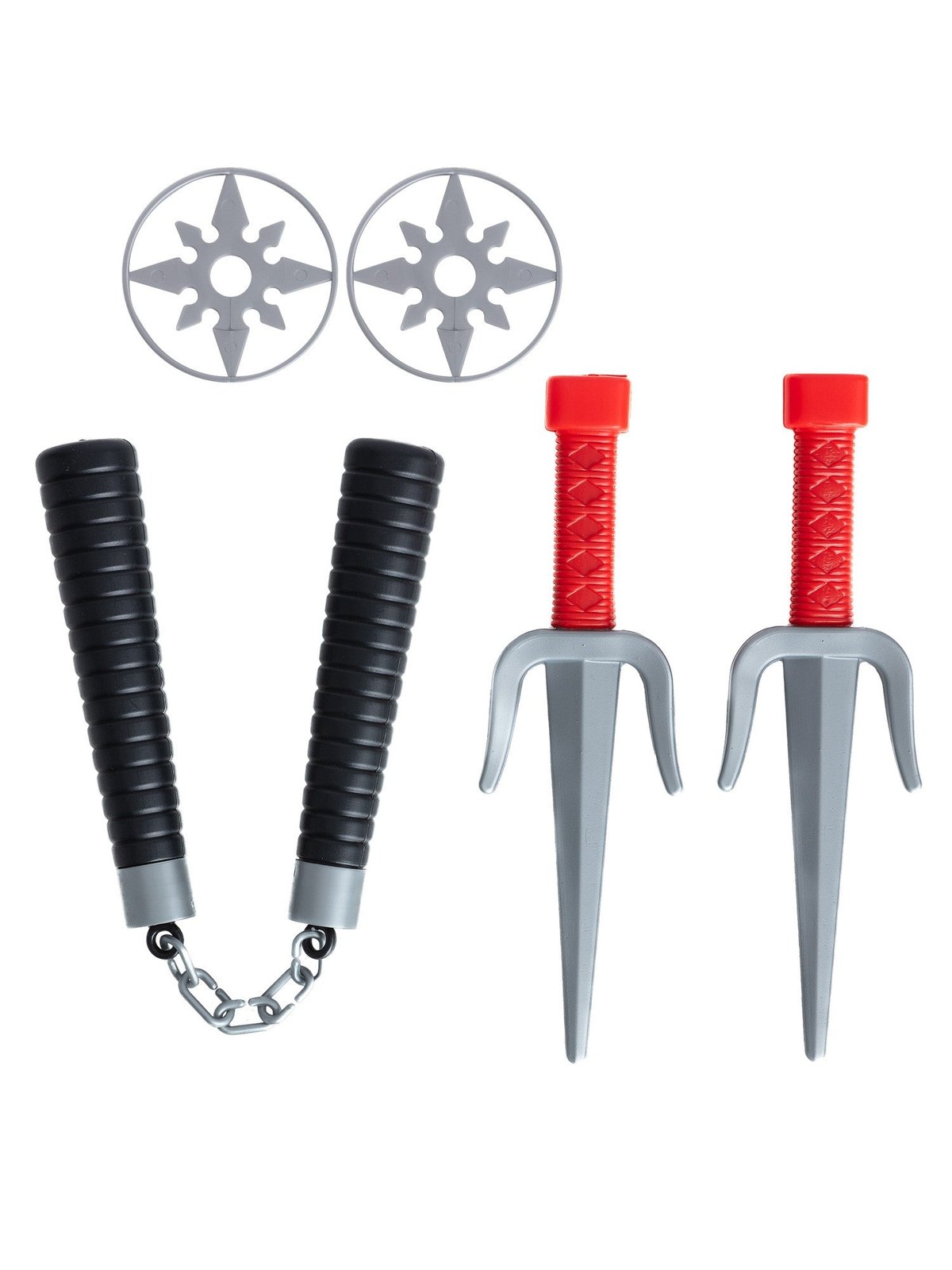 Weapons included with the Zombie Ninja child costume — nunchucks, two throwing stars and two sai