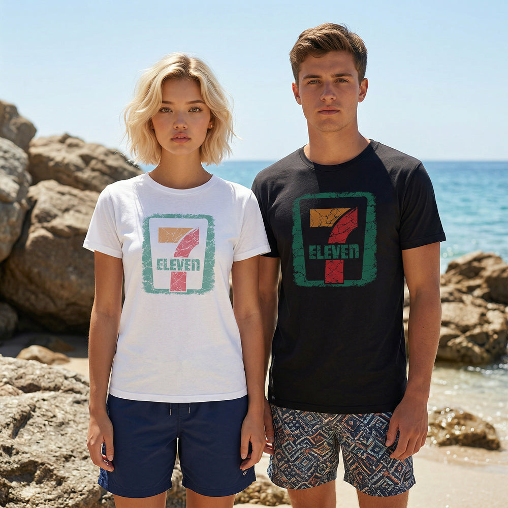 7 Eleven Classic Graphic Tee, Worn Faded Vintage Style Unisex Summer Beach Wear - image 4