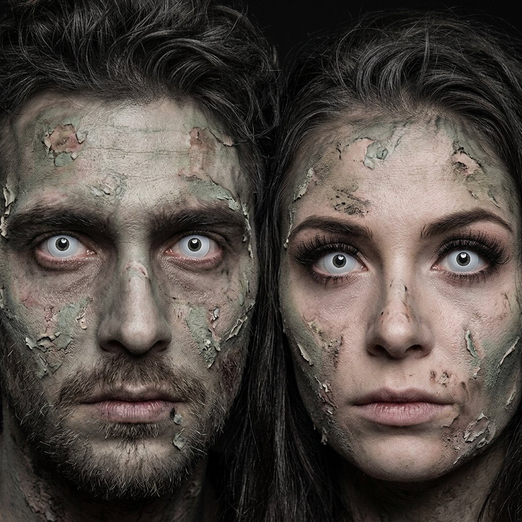 Man and woman wearing Zombie contact lenses with decaying grey-green zombie Halloween makeup