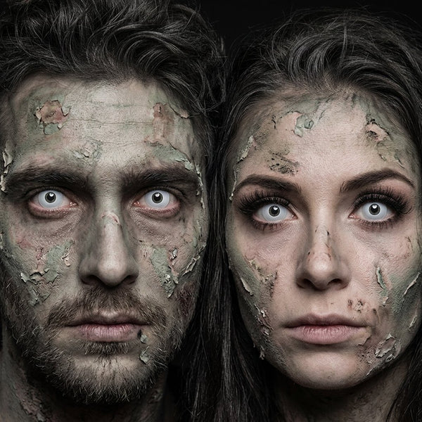 Man and woman wearing Zombie contact lenses with decaying grey-green zombie Halloween makeup