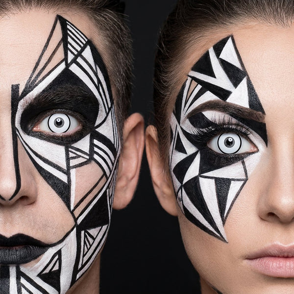 Man and woman wearing Maniac contact lenses with stark black-and-white Halloween makeup