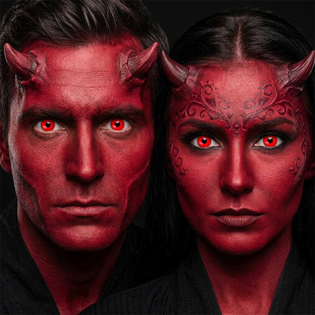 Man and woman wearing Devil contact lenses with crimson devil Halloween makeup