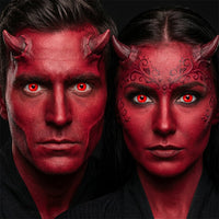 Man and woman wearing Devil contact lenses with crimson devil Halloween makeup