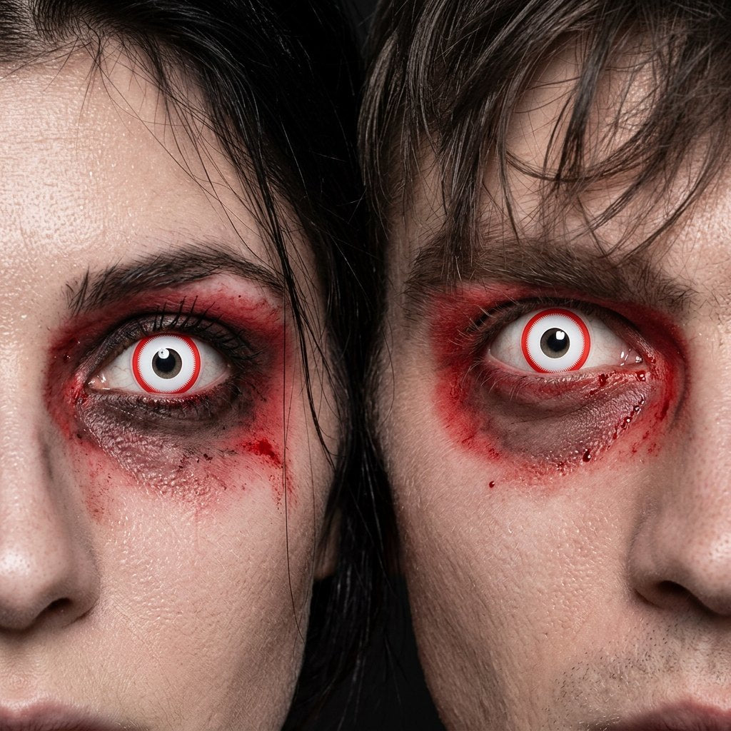 Man and woman wearing Psycho contact lenses with hollow-eyed red-rimmed Halloween makeup