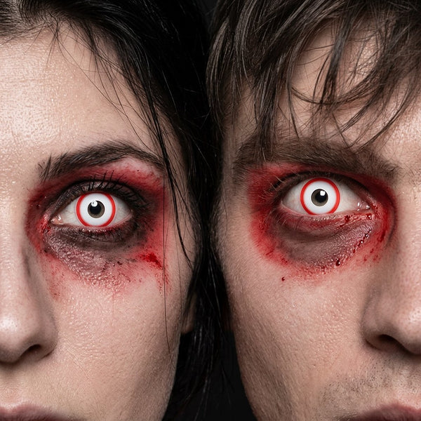 Man and woman wearing Psycho contact lenses with hollow-eyed red-rimmed Halloween makeup