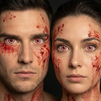Man and woman wearing Blood Burst contact lenses with blood-smeared Halloween makeup
