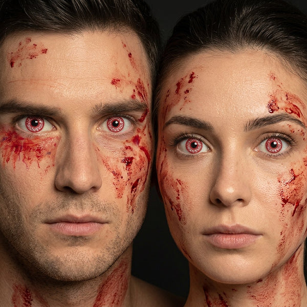 Man and woman wearing Blood Burst contact lenses with blood-smeared Halloween makeup