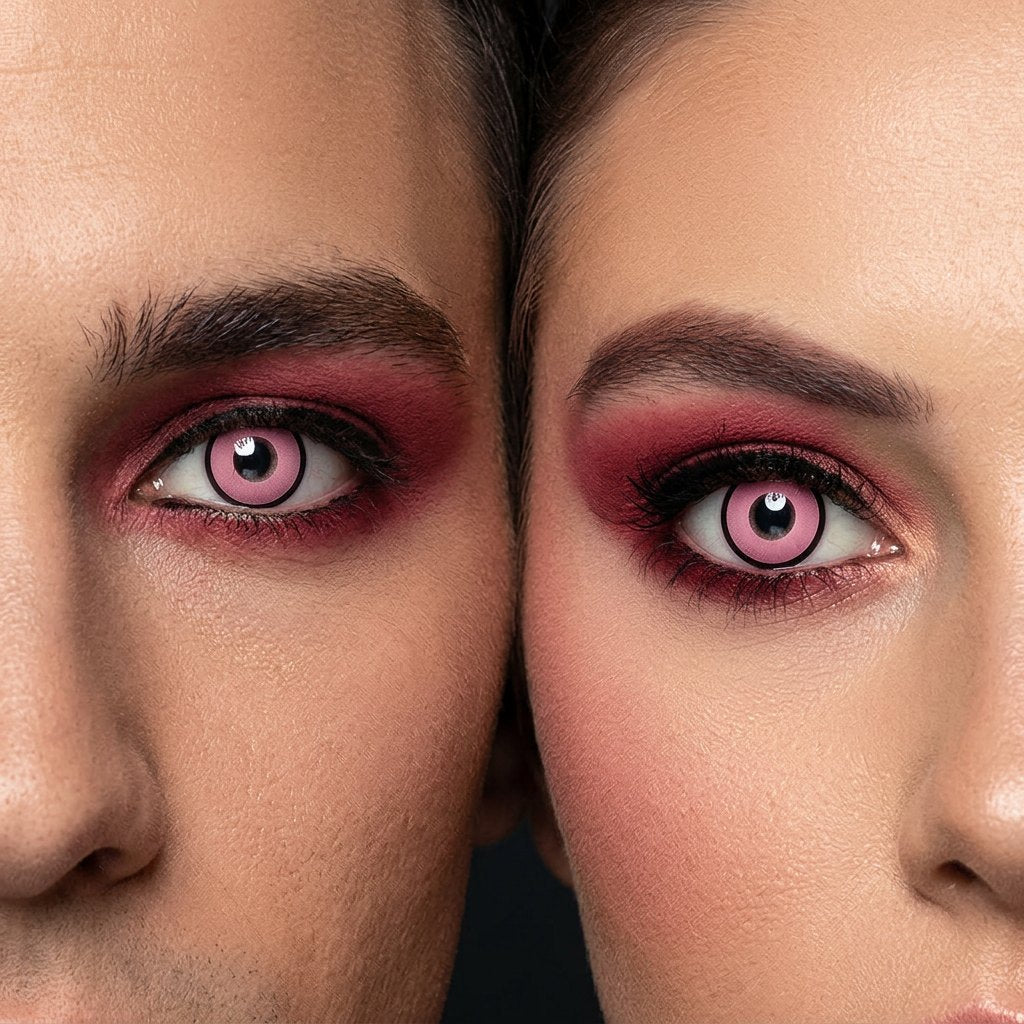 Man and woman wearing Femme Fatale contact lenses with rose-red smoky Halloween makeup