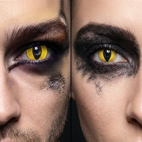 Man and woman wearing Wild Cat contact lenses with dark smudged wildcat Halloween makeup