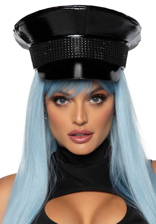 Rhinestone Trimmed Military Hat Black