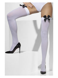 White Opaque Hold Ups with Black Bows - image 2