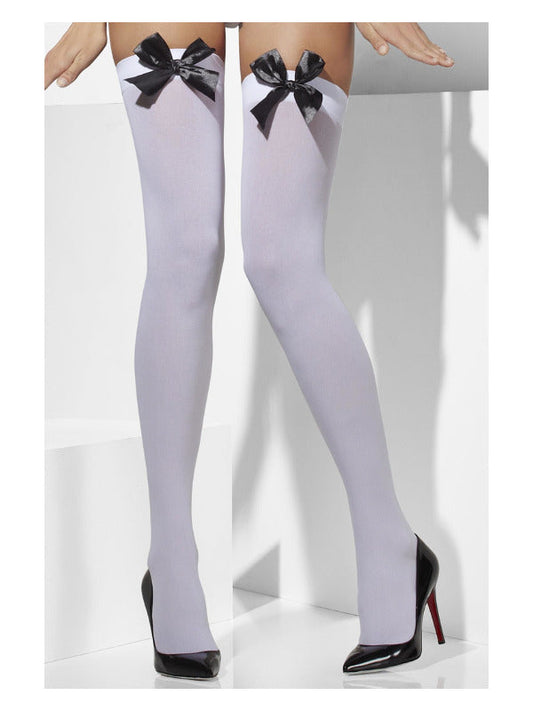 White Opaque Hold Ups with Black Bows