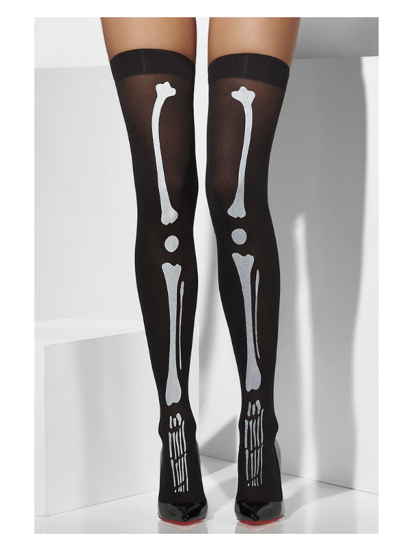 Black Opaque Hold Ups with Skeleton Print - image 1