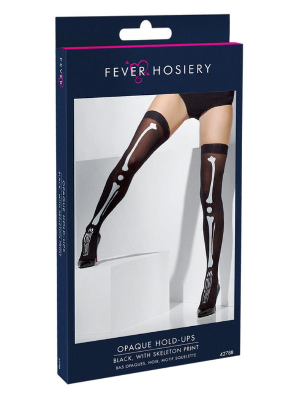 Black Opaque Hold Ups with Skeleton Print - image 3