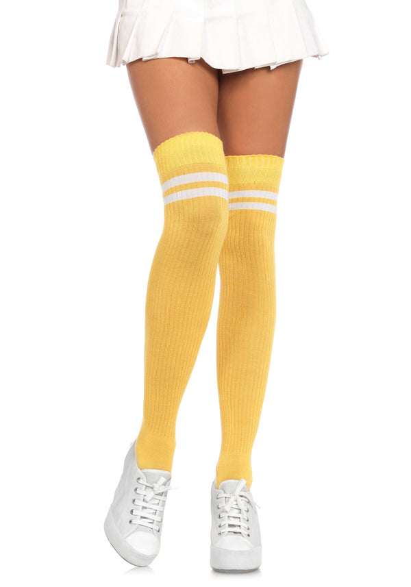 Ribbed Athletic Thigh Highs Yellow and White