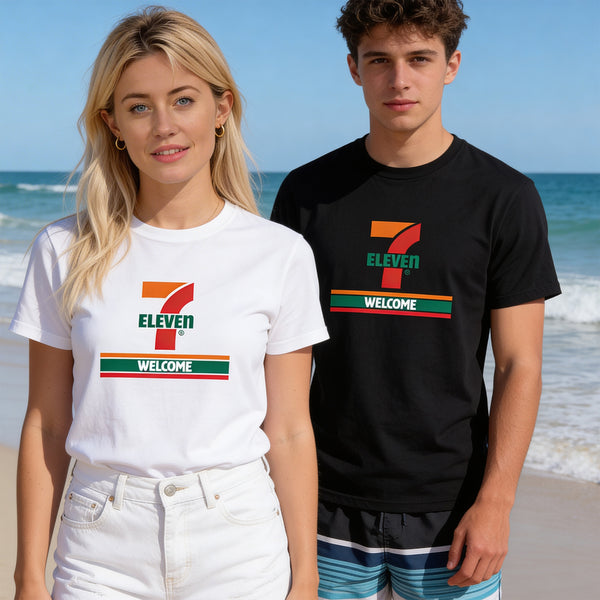7 11 graphic T-shirt mockup on black background