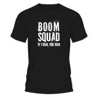 Boom Squad graphic T-shirt front print on black shirt