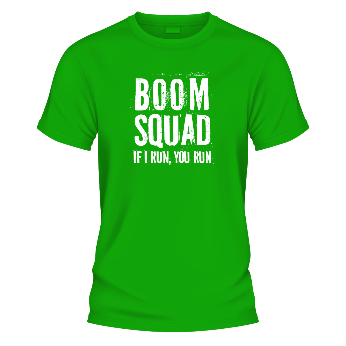 Boom Squad graphic T-shirt front print on green shirt
