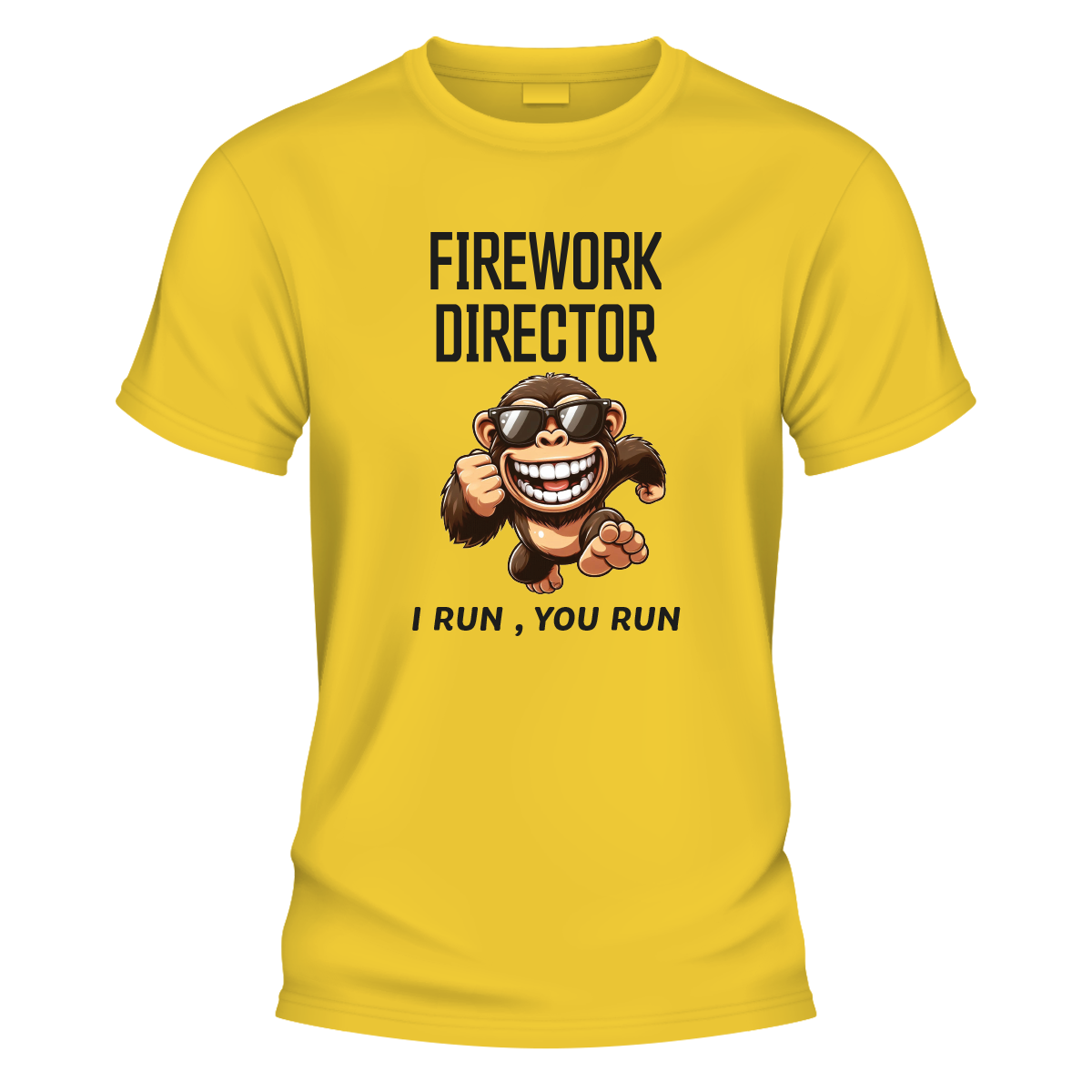 Firework Director graphic T-shirt front print on yellow shirt