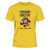 Firework Director graphic T-shirt front print on yellow shirt