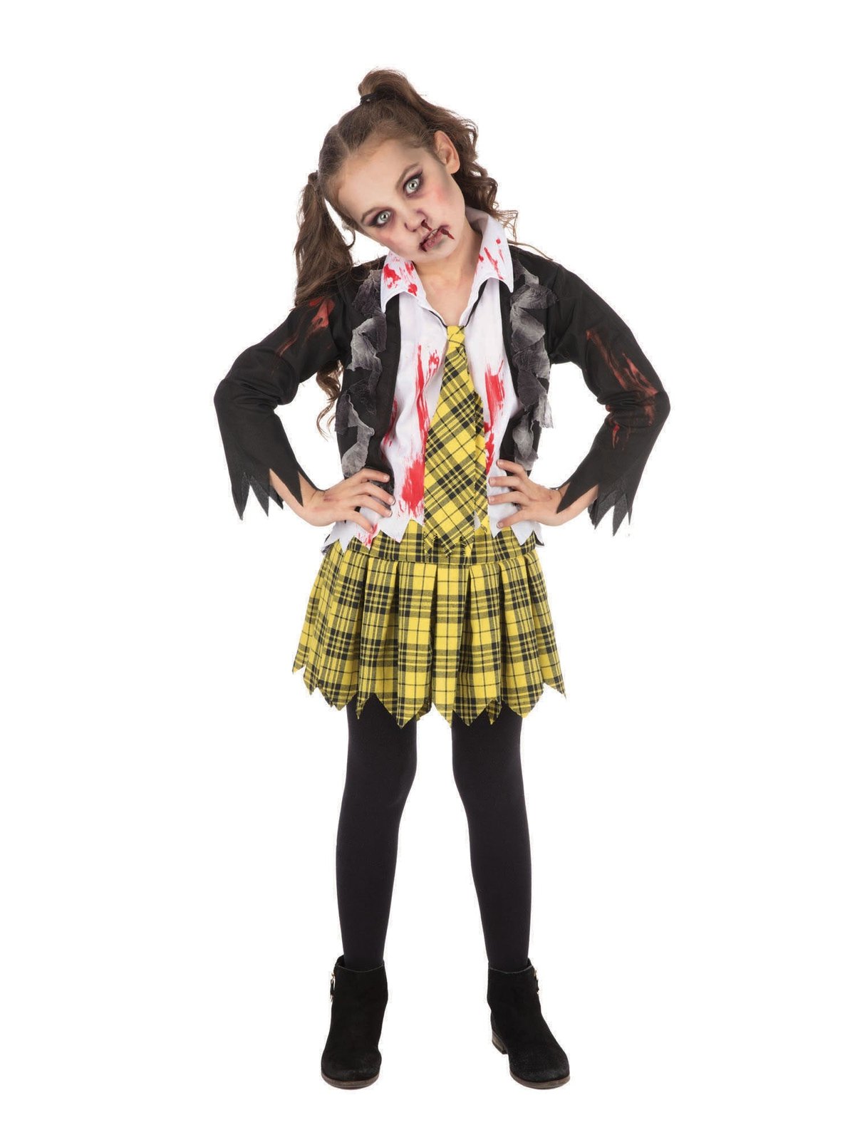 Child's zombie school girl costume — tattered blazer, bloodstained shirt and yellow tartan skirt
