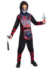 Zombie Ninja child costume — black hooded ninja suit with zombie print chest panel