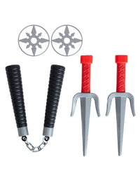 Weapons included with the Zombie Ninja child costume — nunchucks, two throwing stars and two sai