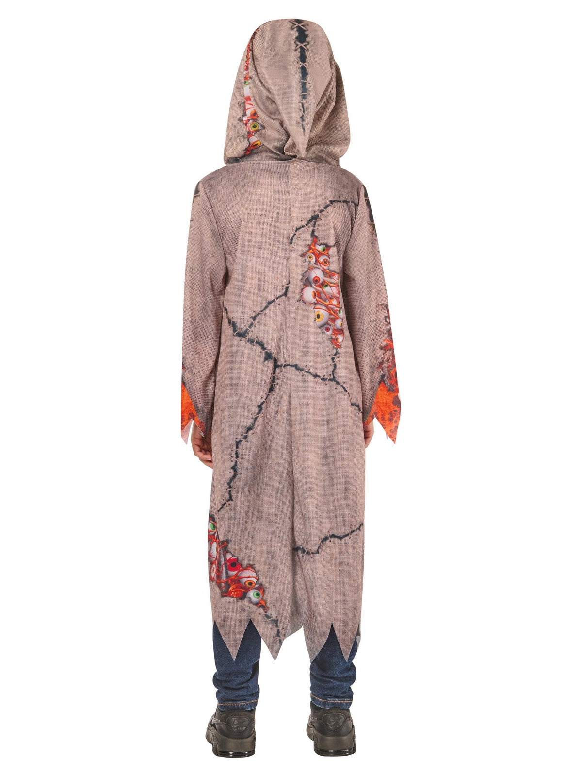 Pumpkin Goblin child costume, back view showing the hood and ragged hem