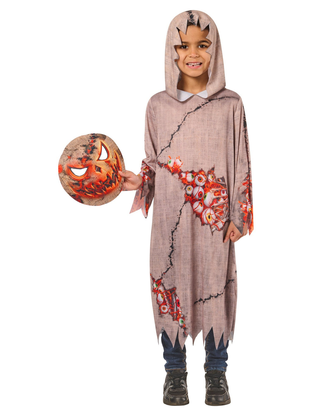 Child wearing the Pumpkin Goblin costume with the mask lifted, holding a pumpkin trick-or-treat bucket