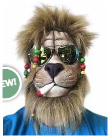 Rasta Lion mask — furry lion face with mirrored sunglasses and red, gold and green beaded mane