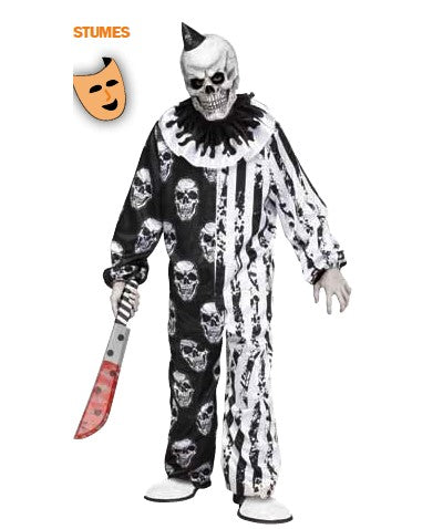 Skele-Klown child costume — black and white skull-print clown jumpsuit with ruffled collar and skull mask