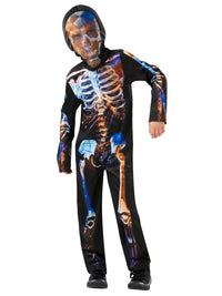 Skeleton child costume — black hooded jumpsuit with a colourful x-ray style skeleton print, front view