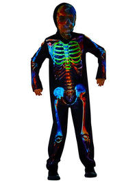 Skeleton child costume showing the green ribcage print and attached hood