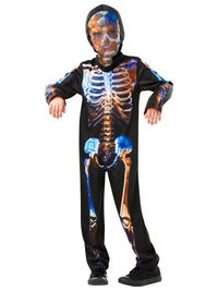 Child wearing the Skeleton costume with arms raised, showing the printed sleeves